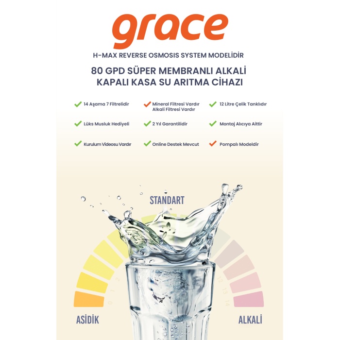 Grace 14 Aşama Süper Membranlı 12 Litre Çelik Tanklı Mineralli Su Arıtma Cihazı - 0020