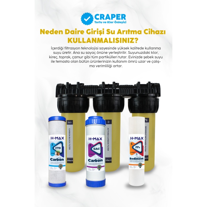 Craper Tortu ve Klor Önleyici 10 inç 3lü Daire Girişi Arıtma Cihazı - 0031