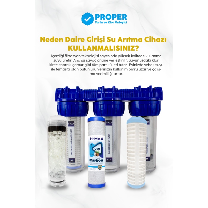 Proper Tortu, Klor ve Kireç Önleyici 10 inç 3lü Daire Girişi Arıtma Cihazı - 0032