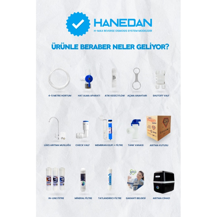 Hanedan 13 Aşama 90 Gpd Süper Sarım Membranlı 8 Lt Çelik Tanklı Mineralli Su Arıtma Cihazı - 0169