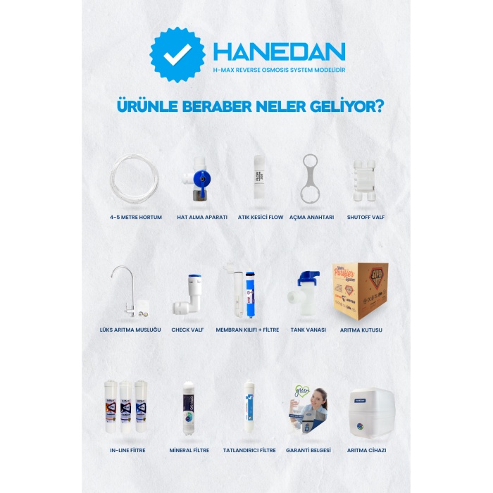 Hanedan 13 Aşama 90 Gpd Süper Sarım Membranlı 8 Lt Çelik Tanklı Mineralli Su Arıtma Cihazı