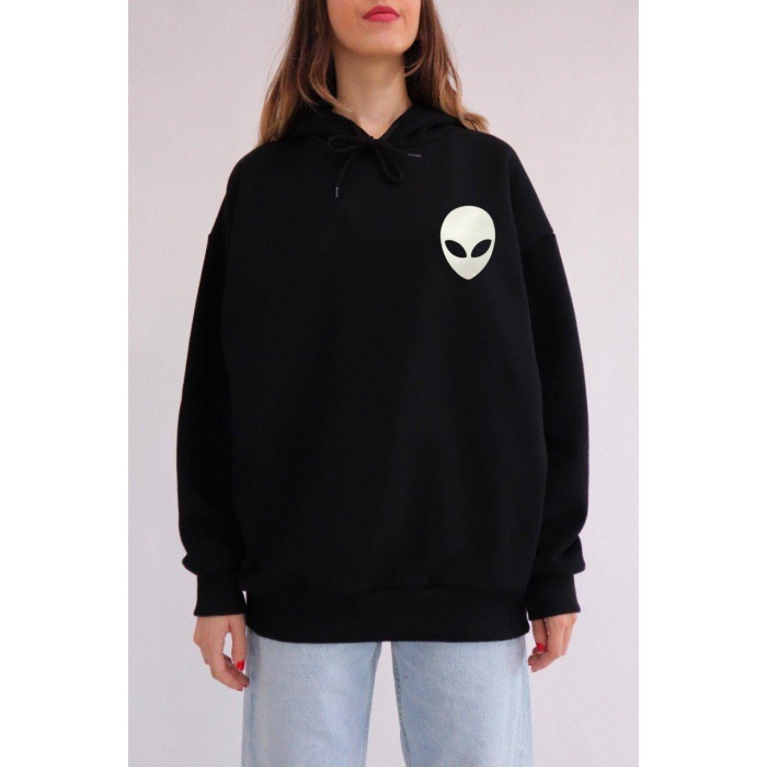 Alien Siyah Kapüşonlu Sweatshirt