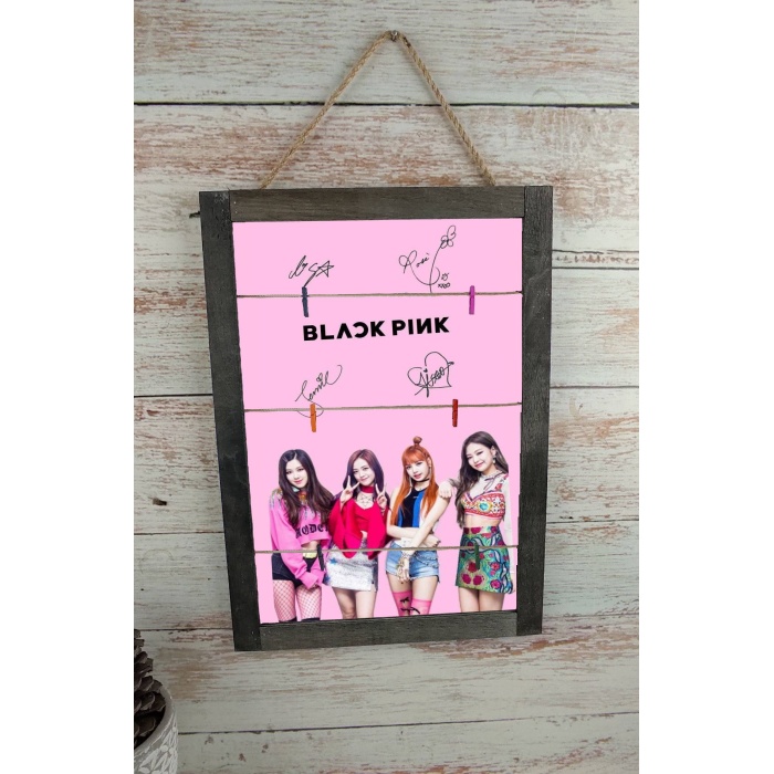 Black Pink Tasarımlı Ahşap İpli Fotoğraf Çerçevesi Panosu Tablo