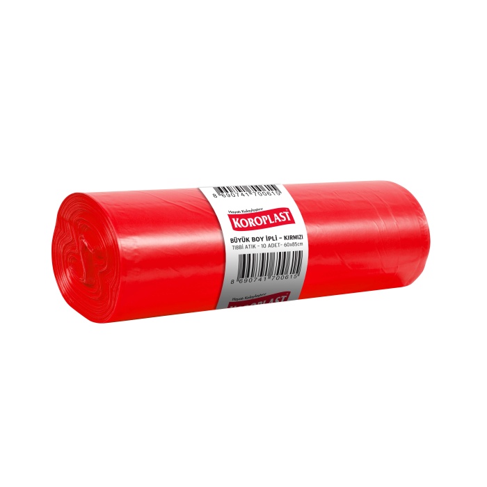 Koroplast Tıbbi Atık Büyük Boy İpli Çöp Poşeti Kırmızı 10 Adet 60x85cm kolide 10pk