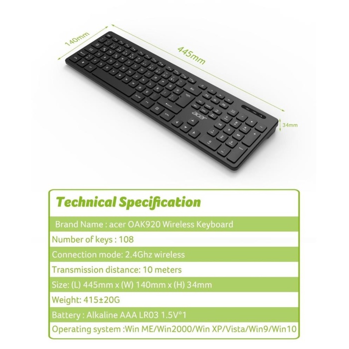 Acer OAK-920 Siyah Kablosuz Klavye 2.4Ghz Caps Lock (Smart Tv- Wifi)
