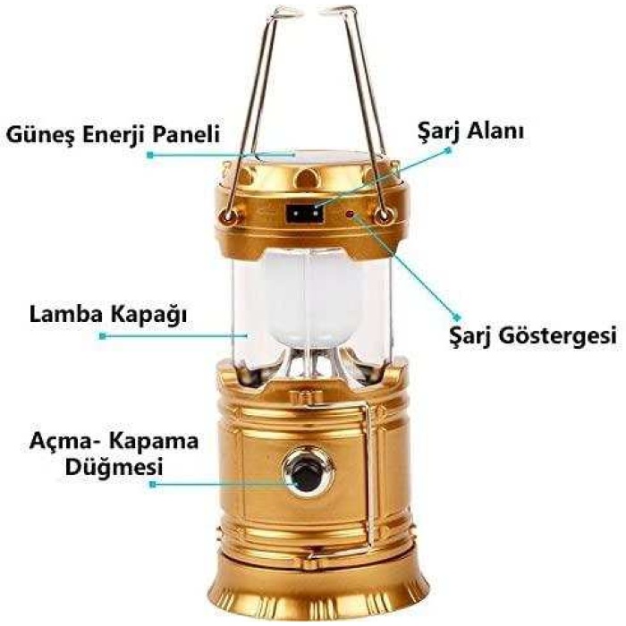 Güneş Enerjili Şarj Edilebilir Usb Girişli Kızaklı Kamp Feneri