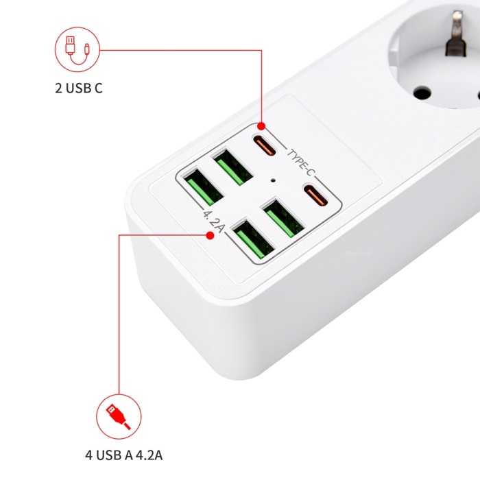3000W USB güç şeridi aşırı yük koruması ile 4USB 2 type-C şarj cihazı Hub 2m uzatma kablosu
