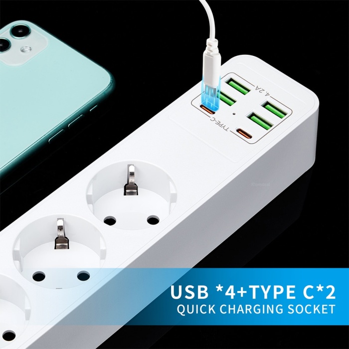 3000W USB güç şeridi aşırı yük koruması ile 4USB 2 type-C şarj cihazı Hub 2m uzatma kablosu