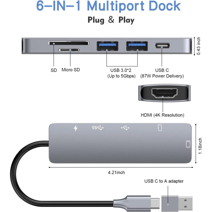 6 in 1, Çok Fonksiyonlu Bilgisayar Hub Adaptörü, Gri, Çevirici Çoklayıcı Adaptör