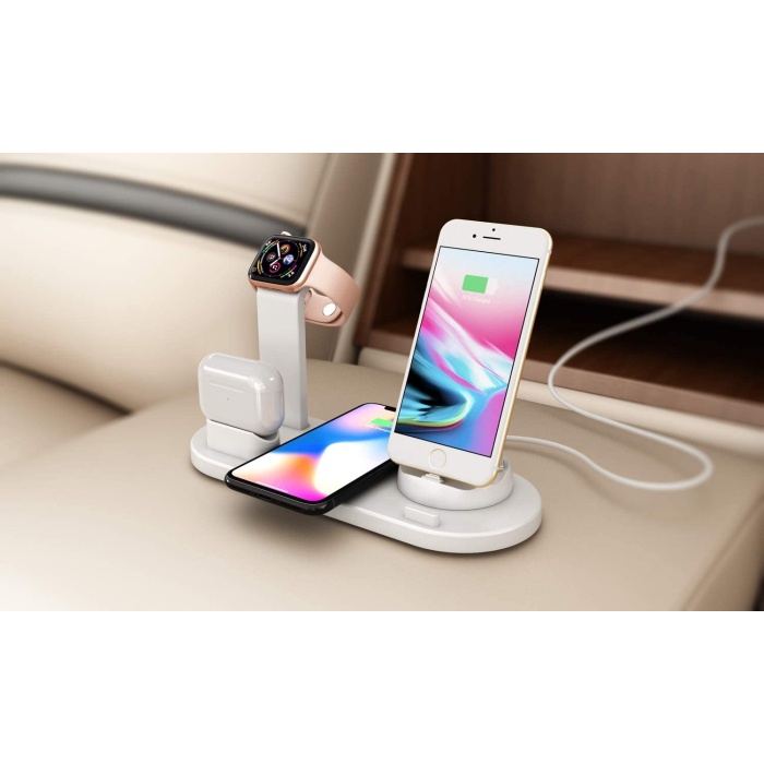 Kablosuz Şarj Cihazı Standı, Apple Watch Airpodlar için 6sı 1 Arada Çok İşlevli Kablosuz Şarj İstasyonu Yuvası,  (Beyaz)  Kablosuz Şarj Cihazı