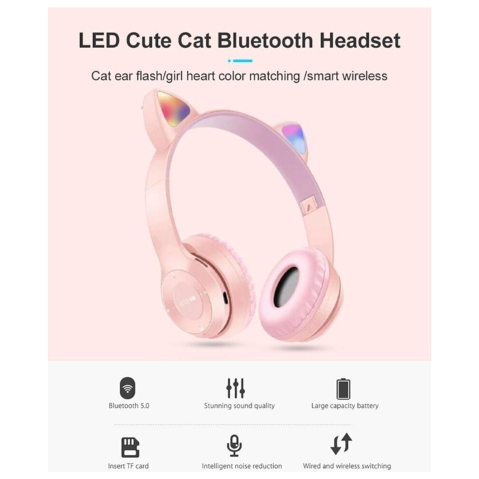 stn-28 Bluetooth Mikrofonlu LED Işıklı Hafıza Kartı Girişli Kulak Üstü Kedi Kulaklık