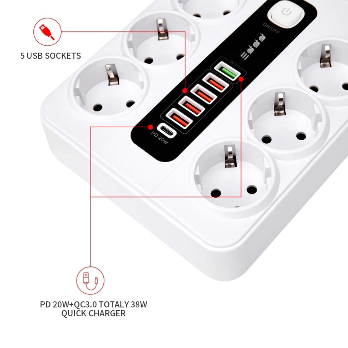 3000W USB güç şeridi aşırı yük koruması ile 5USB 1 type-C şarj cihazı Hub 2 m uzatma kablosu