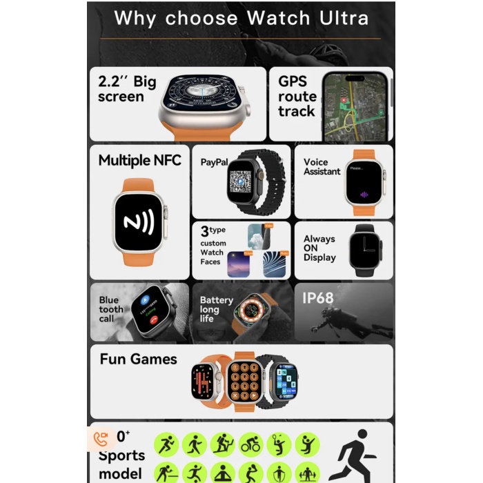 2023 Microwear W68 + ultra plus akıllı saat Ios ve android uyumlu 2.2 inc ekran