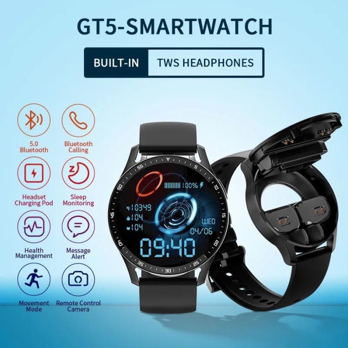 Yeni 2 in 1 smart sports  2si 1 Arada  Bluetooth Kulaklıklı Akıllı Saat- Gt 5