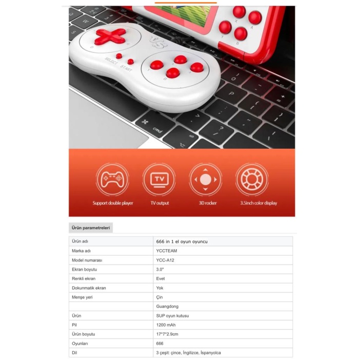 Retro A12 Dahili 666 Klasik 0yunlu 3 inç Ekranlı Taşınabilir Atari