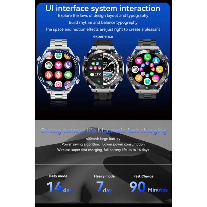 2023 Yeni Ultimate JS5 Nfc 1.52 İnc Ekran 3 Kordonlu Akıllı Saat-Siyah Kasa