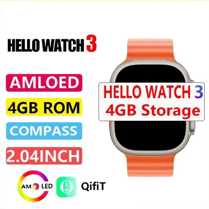 Hello Watch 3 Amoled  3 Kordon Ultra 49mm Watch 8 Wireless Şarj Pusula 4gb Akıllı Saat