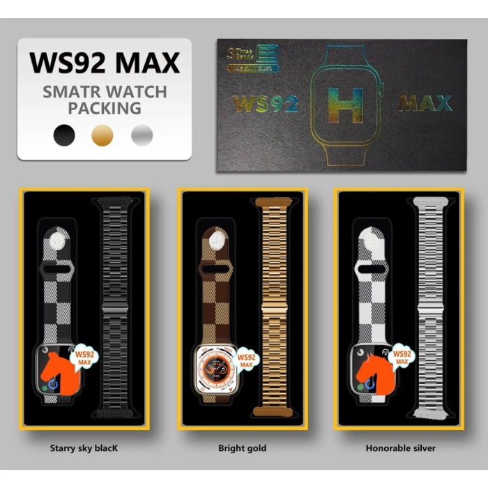 2023 ws92 max  kasa akıllı saat 1.96 inç ekran -3 kordon-GOLD
