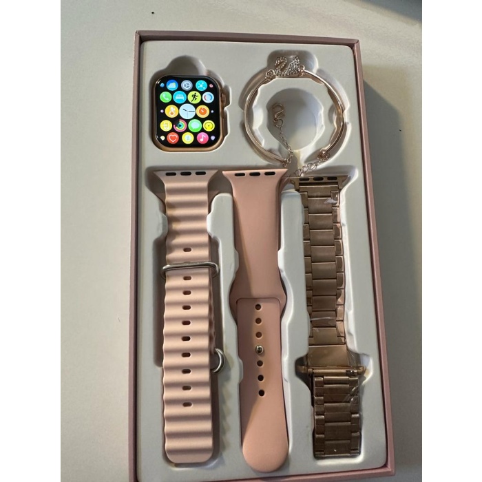 G9 Mini Bileklik Hediyeli Metal+Silikon Kordonlu Akıllı Saat-Rose gold