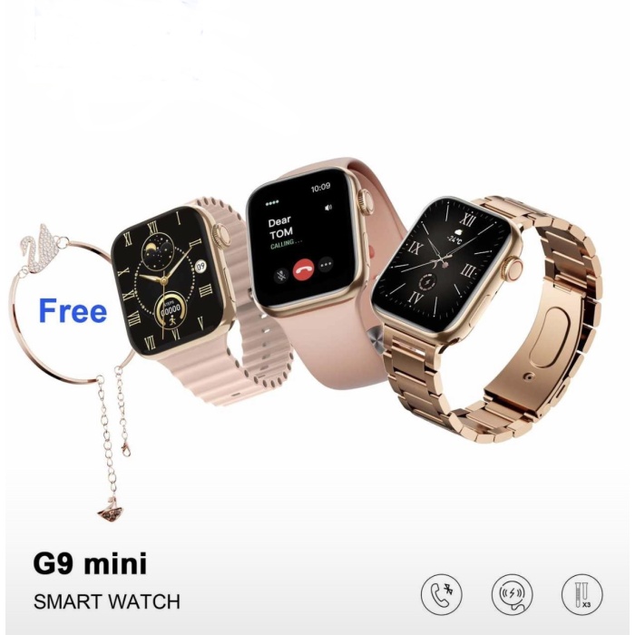 G9 Mini Bileklik Hediyeli Metal+Silikon Kordonlu Akıllı Saat-Rose gold