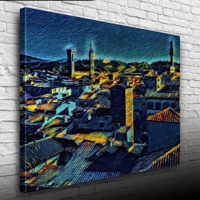 Köy Silueti Mavi Tonlarda Kanvas Tablo 50 x 70