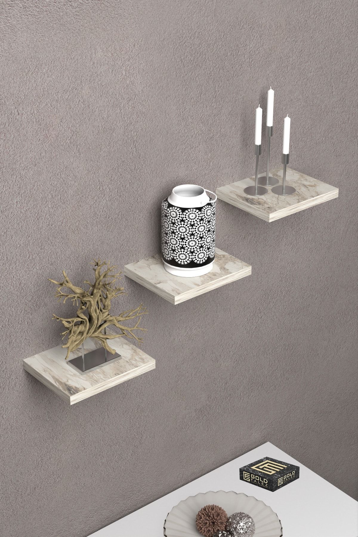 Duvar Rafı Dekoratif 3 Adet Çiçeklik Kare Efes