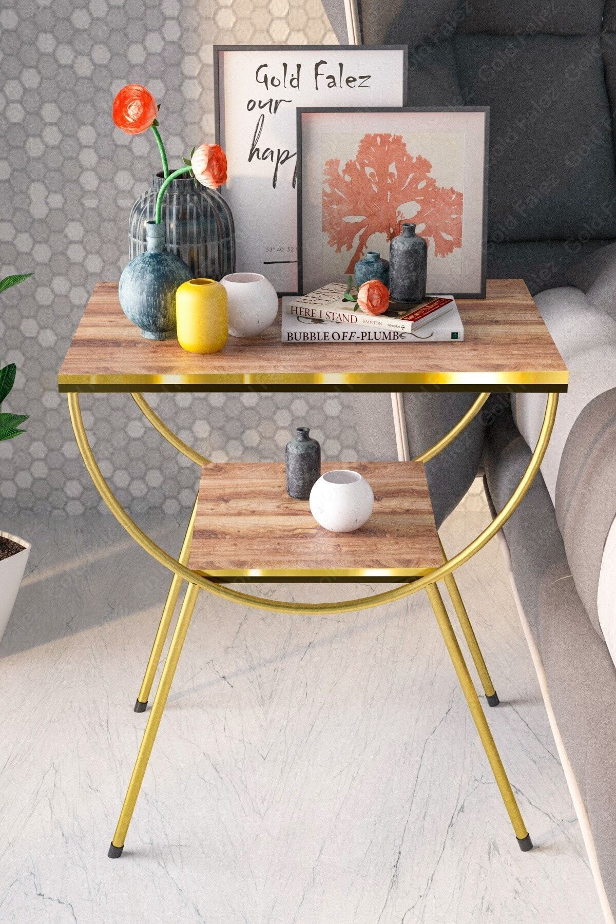 Yan Sehpa Komodin Metal Ayak Çift Gold Ceviz