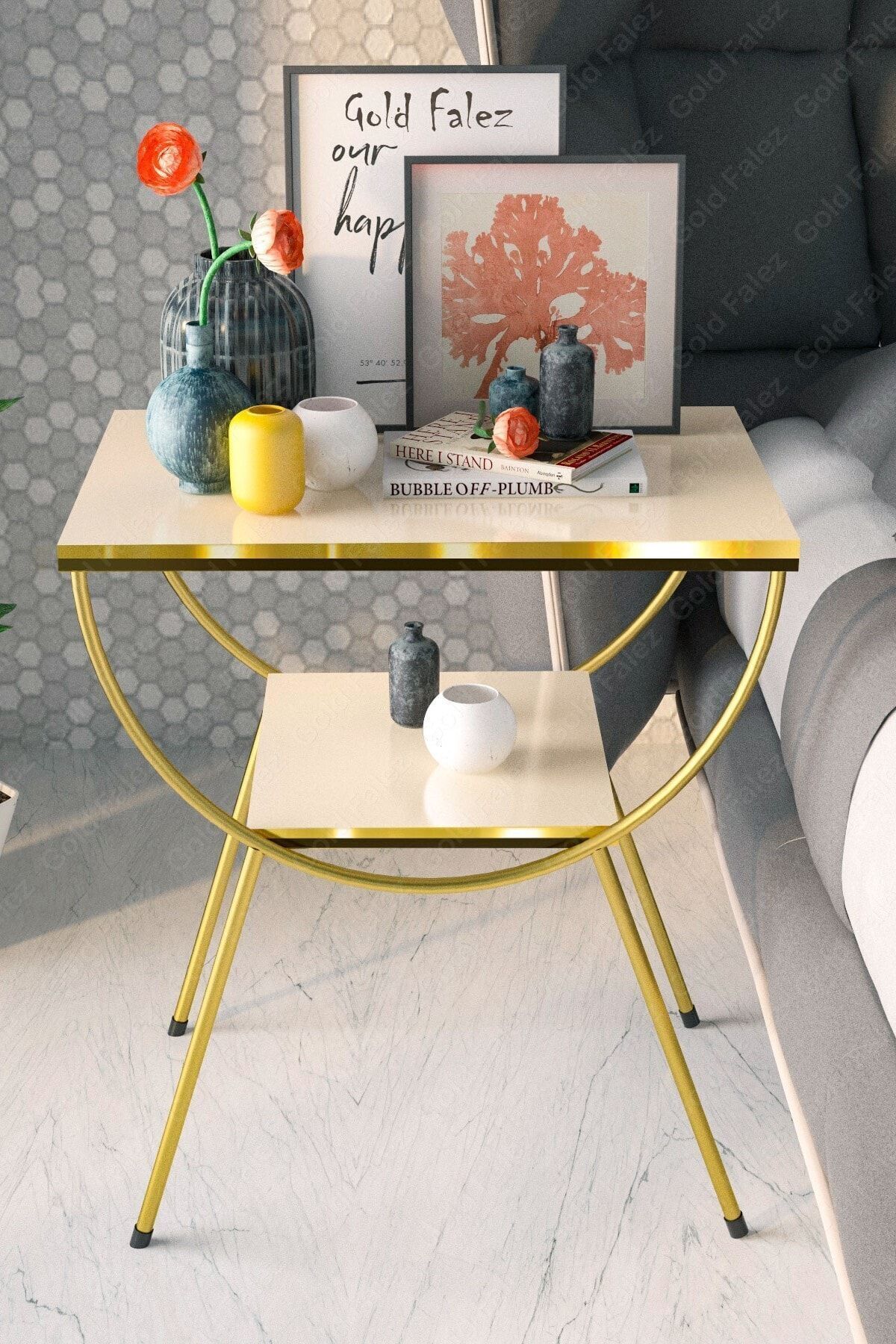 Yan Sehpa Komodin Metal Ayak Çift Gold Krem