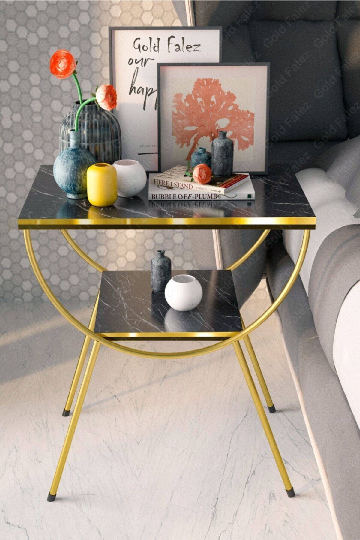 Yan Sehpa Komodin Metal Ayak Çift Gold Bendir