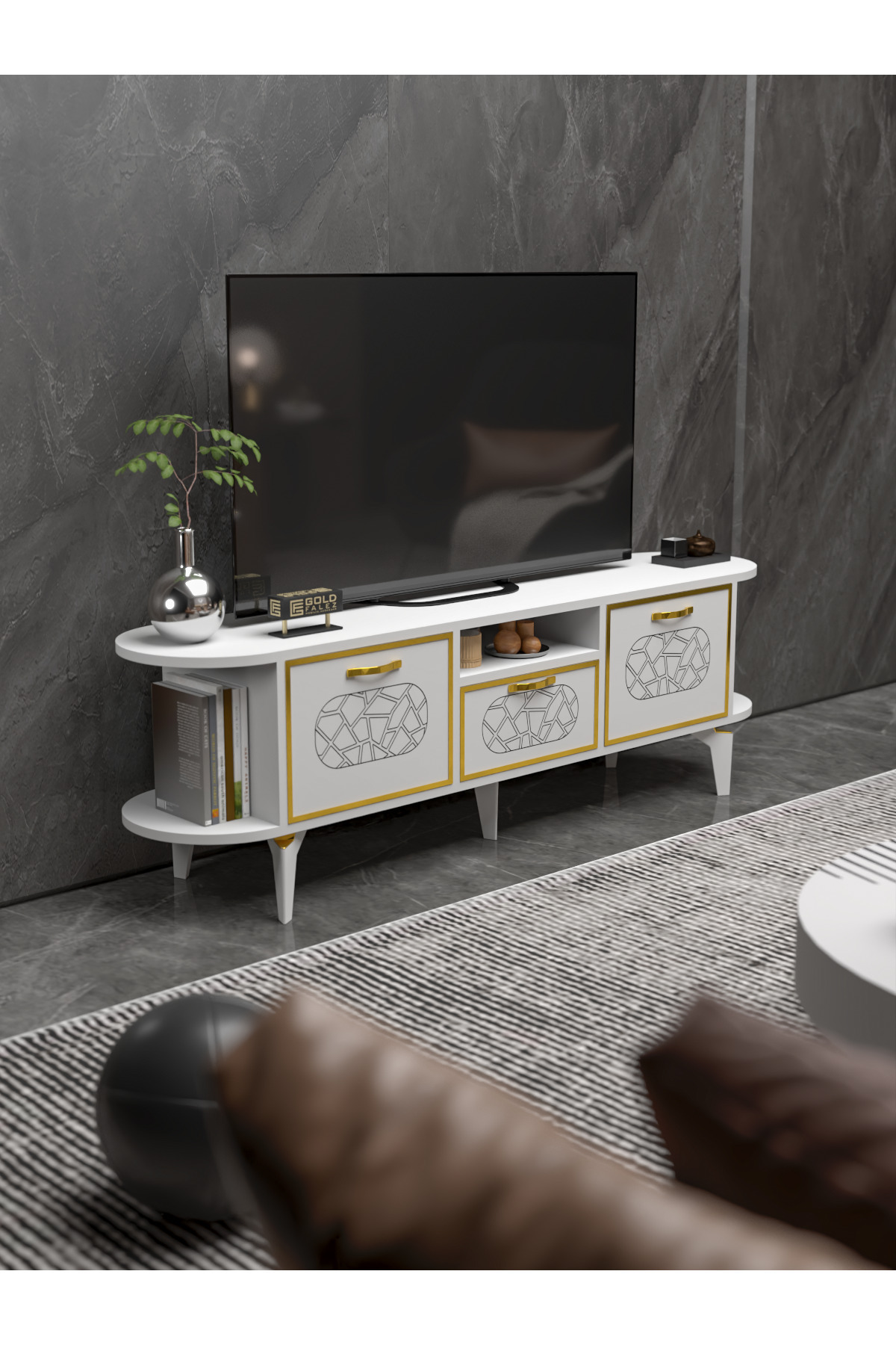 Tv Sehpası Mira Gold 5032 Beyaz 160 Cm 35 Cm 50 Cm