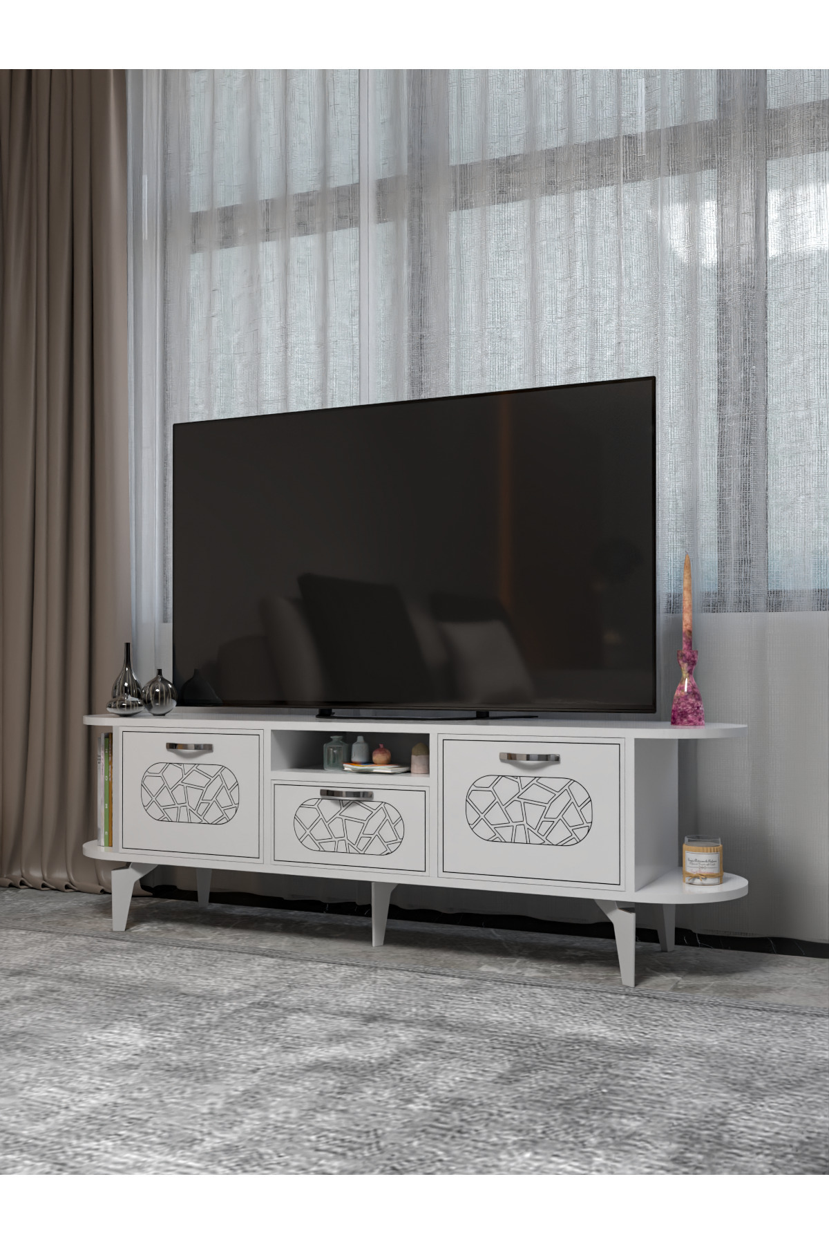 Tv Sehpası Mira Gümüş 5033 Beyaz 160 Cm 35 Cm 50 Cm