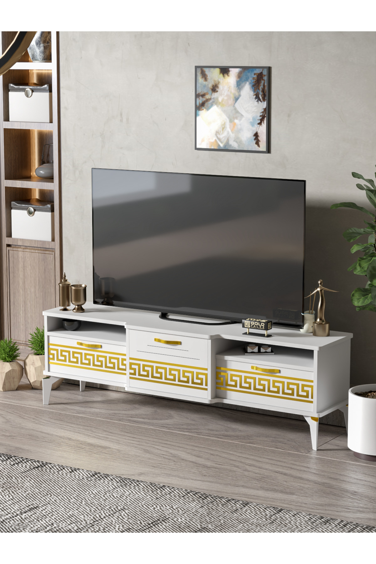 Tv Sehpası Tv Ünitesi 160 Cm Gold Beyaz Mistral 5072