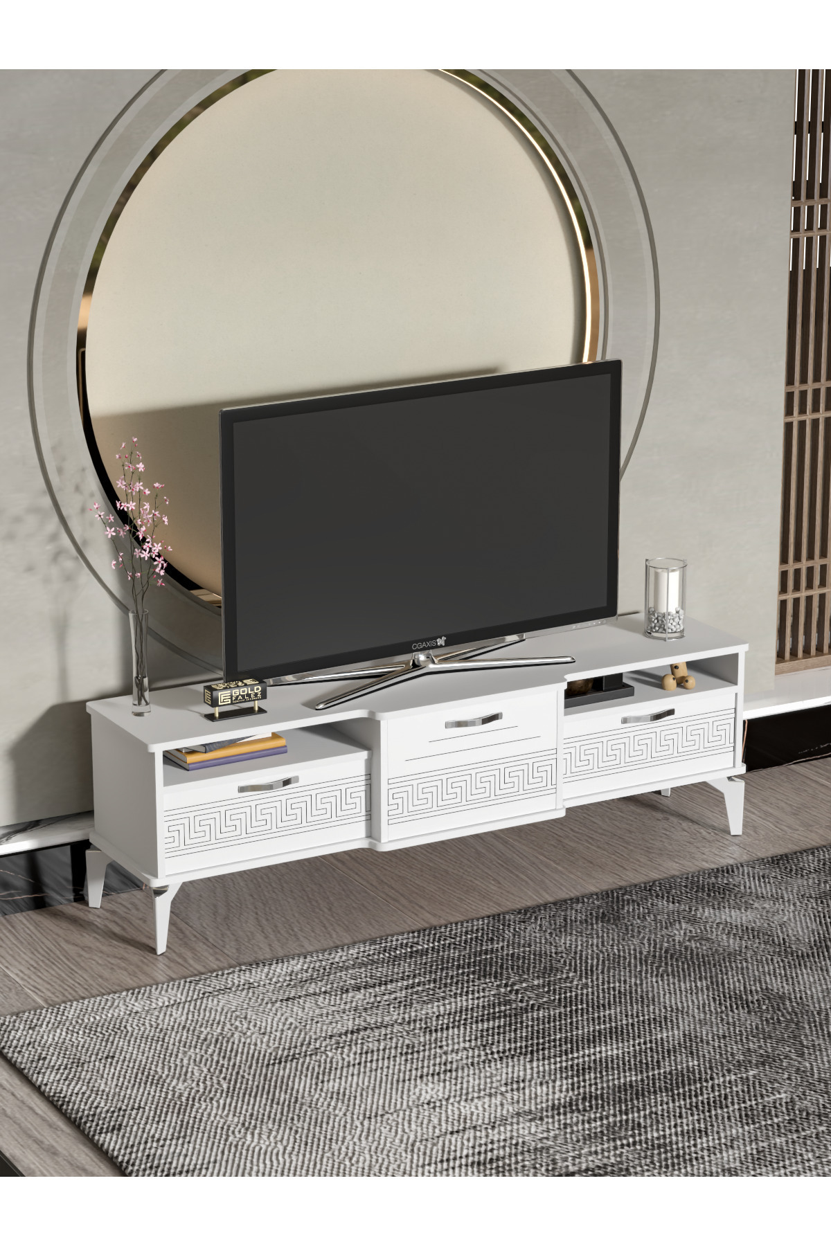 Tv Sehpası Tv Ünitesi 160 Cm Gümüş Beyaz Mistral 5073