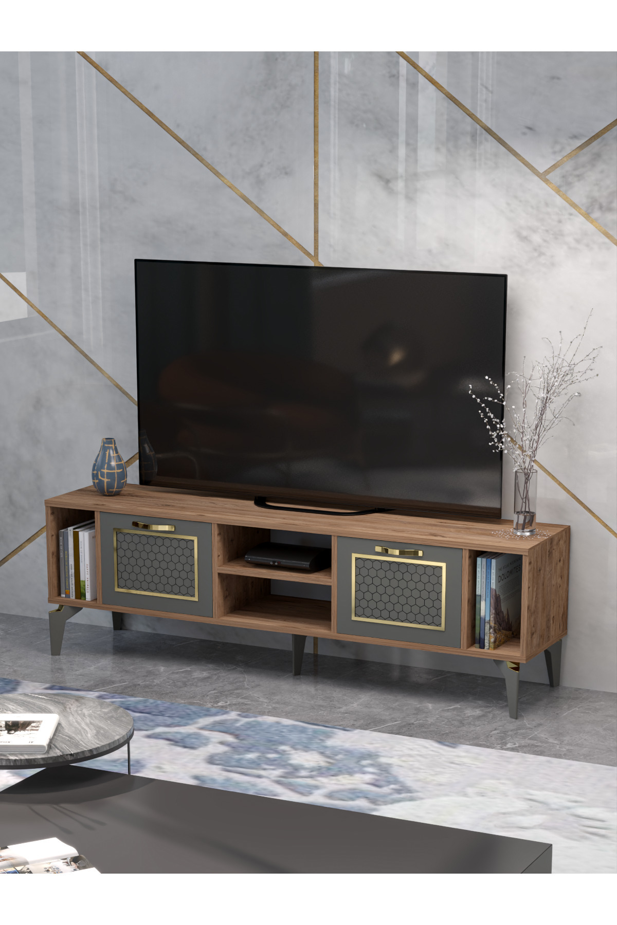 Tv Sehpası Tv Ünitesi Atlantik Çam Antrasit Gold 160 Cm Linya 5040