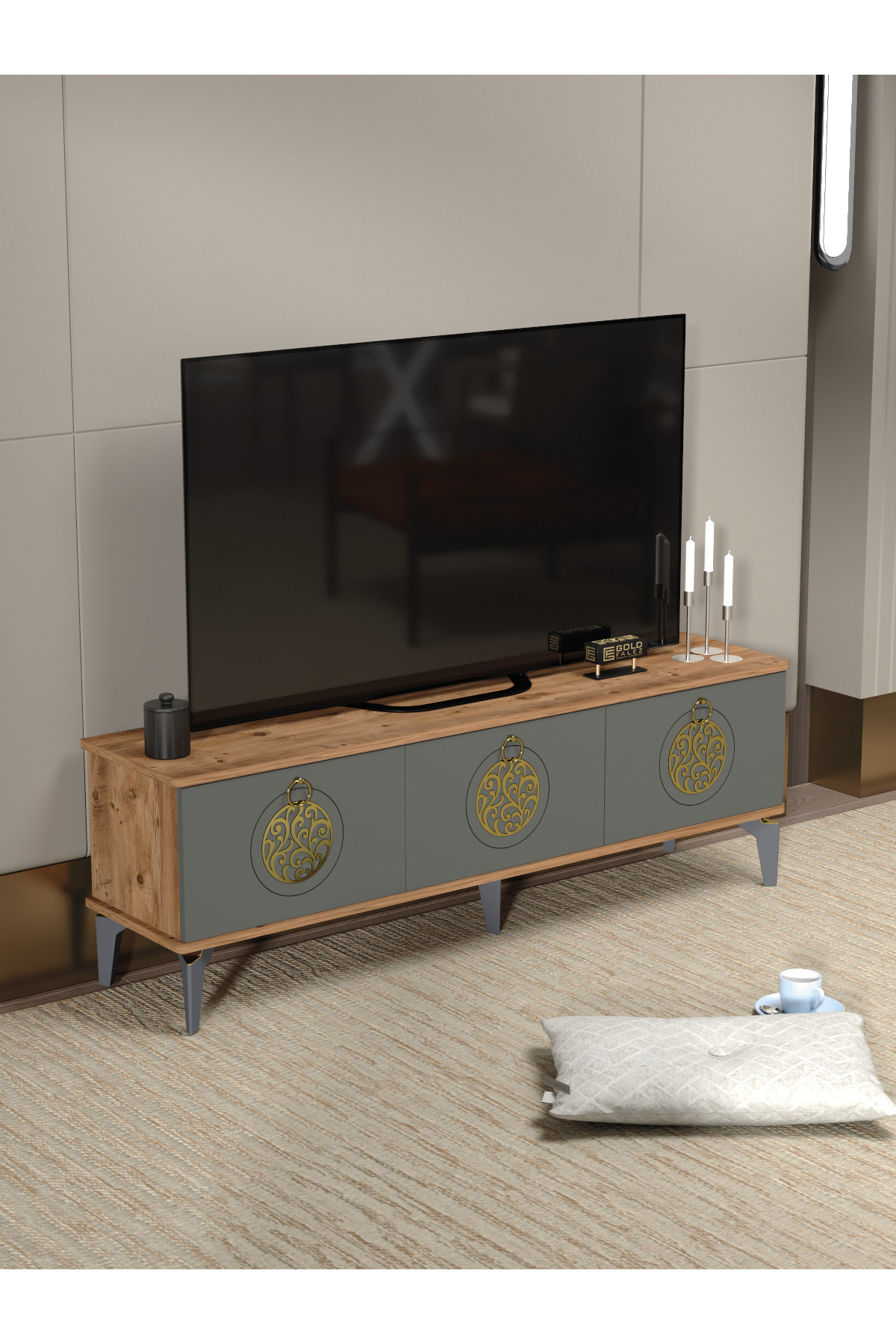 Tv Sehpası Tv Ünitesi Atlantik Çam Antrasit Gold 160 Cm Saraylı 5060
