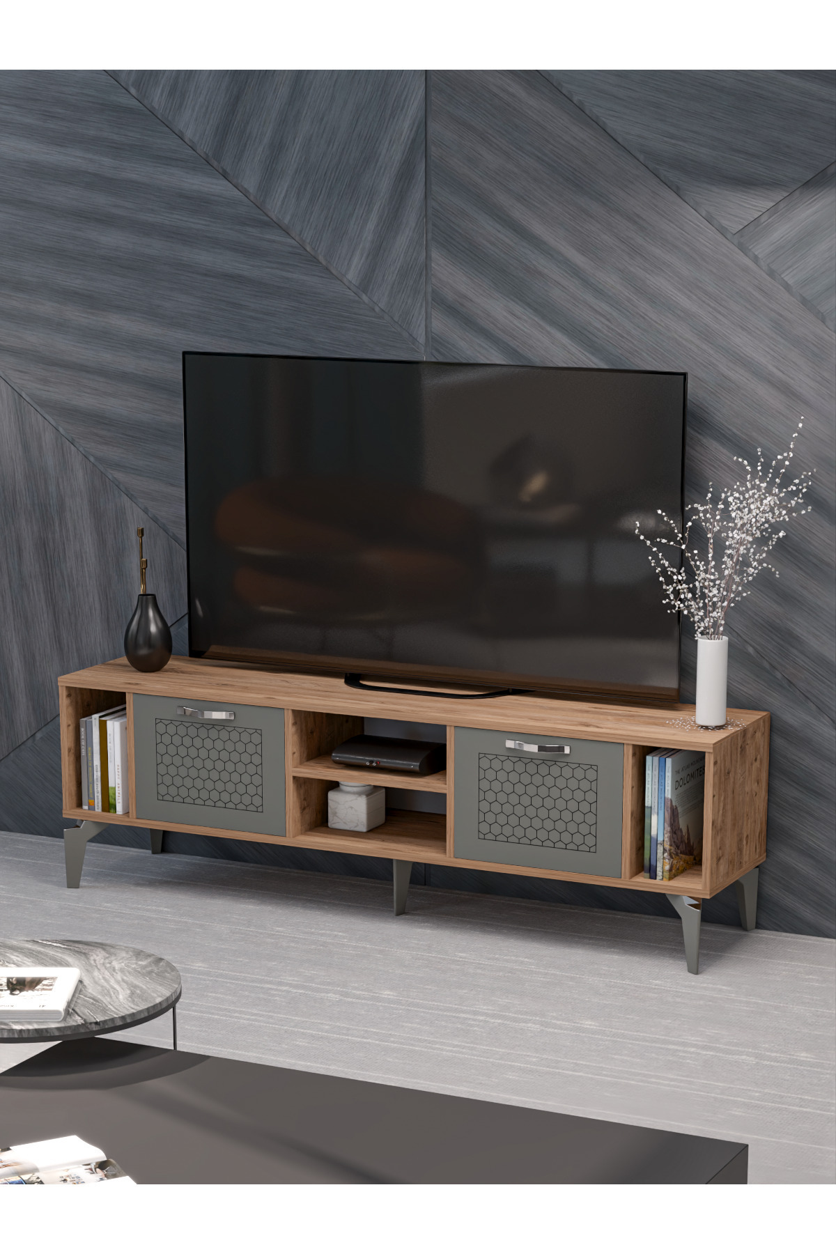 Tv Sehpası Tv Ünitesi Atlantik Çam Antrasit Gümüş 160 Cm Linya 5041