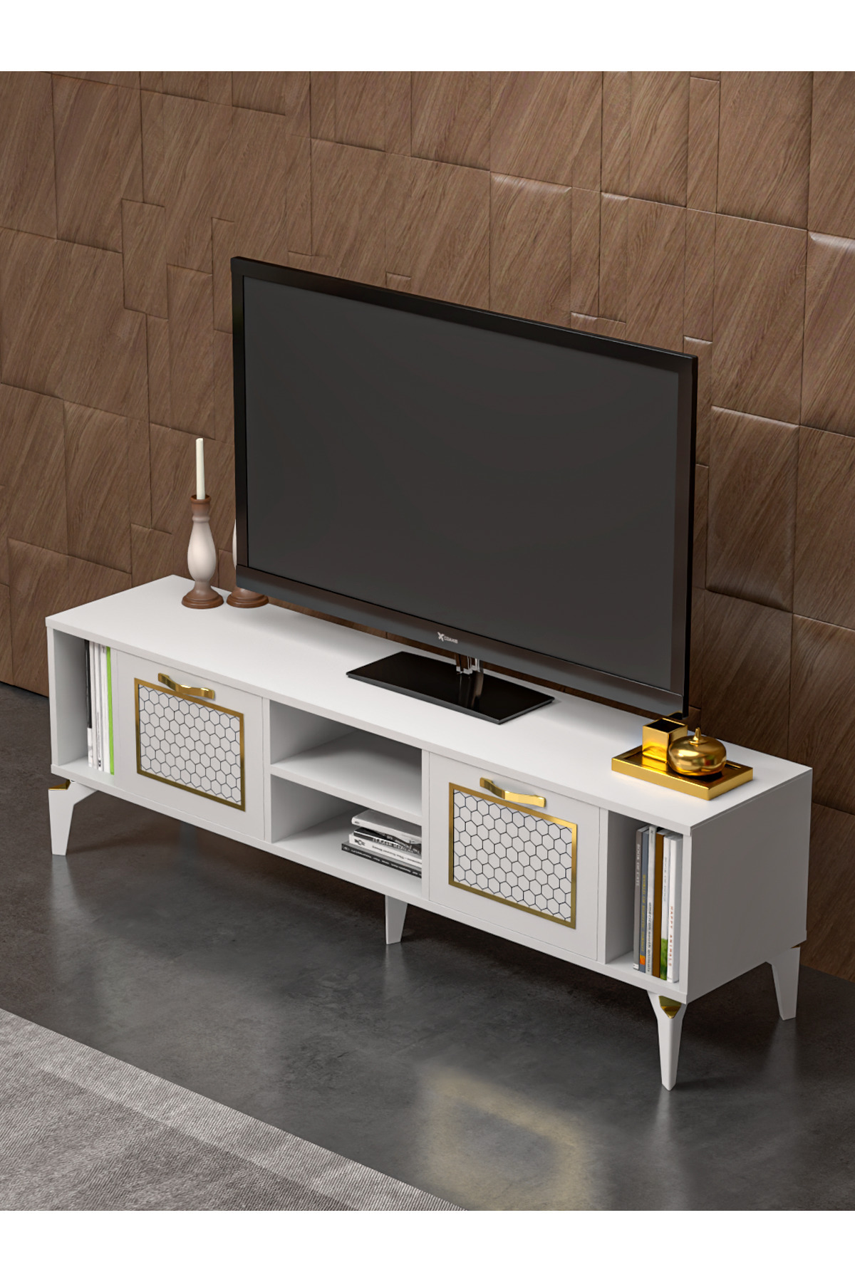 Tv Sehpası Tv Ünitesi Beyaz Gold 160 Cm Linya 5042