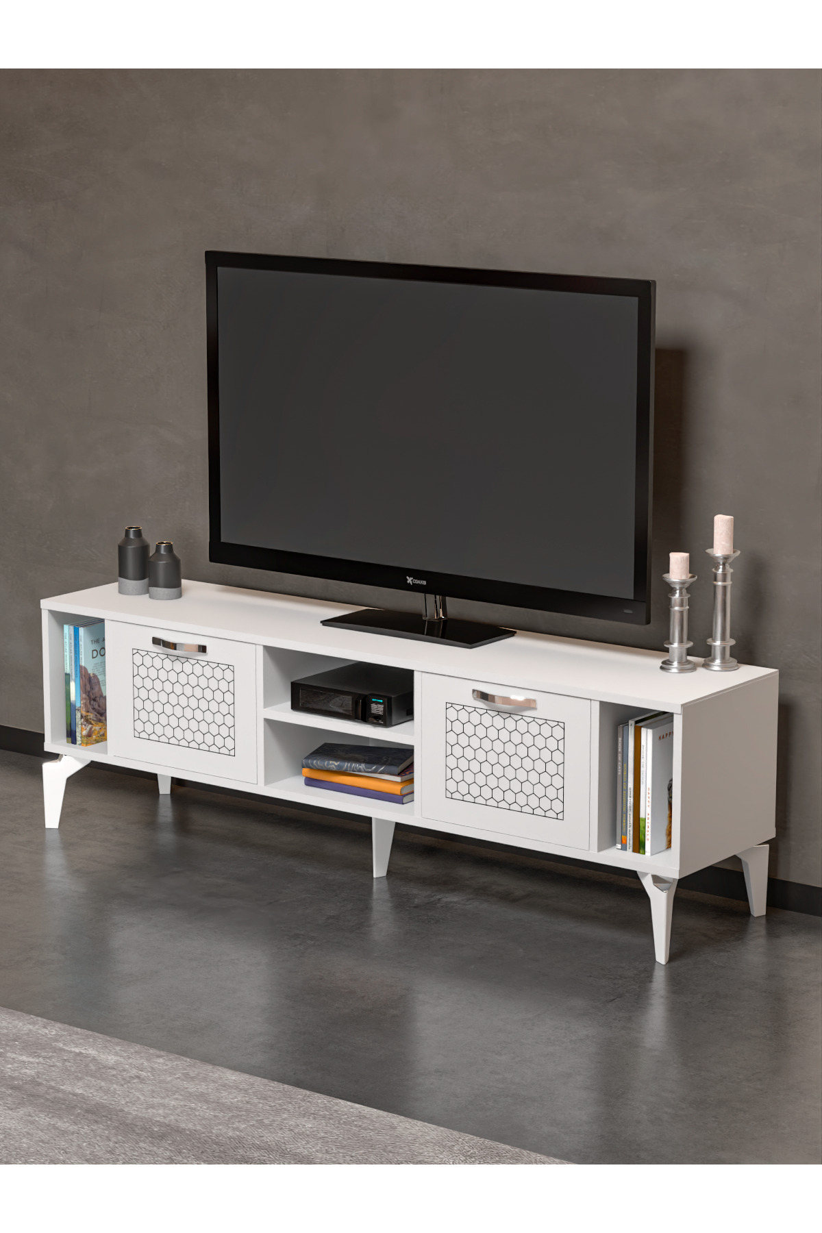 Tv Sehpası Tv Ünitesi Beyaz Gümüş 160 Cm Linya 5043