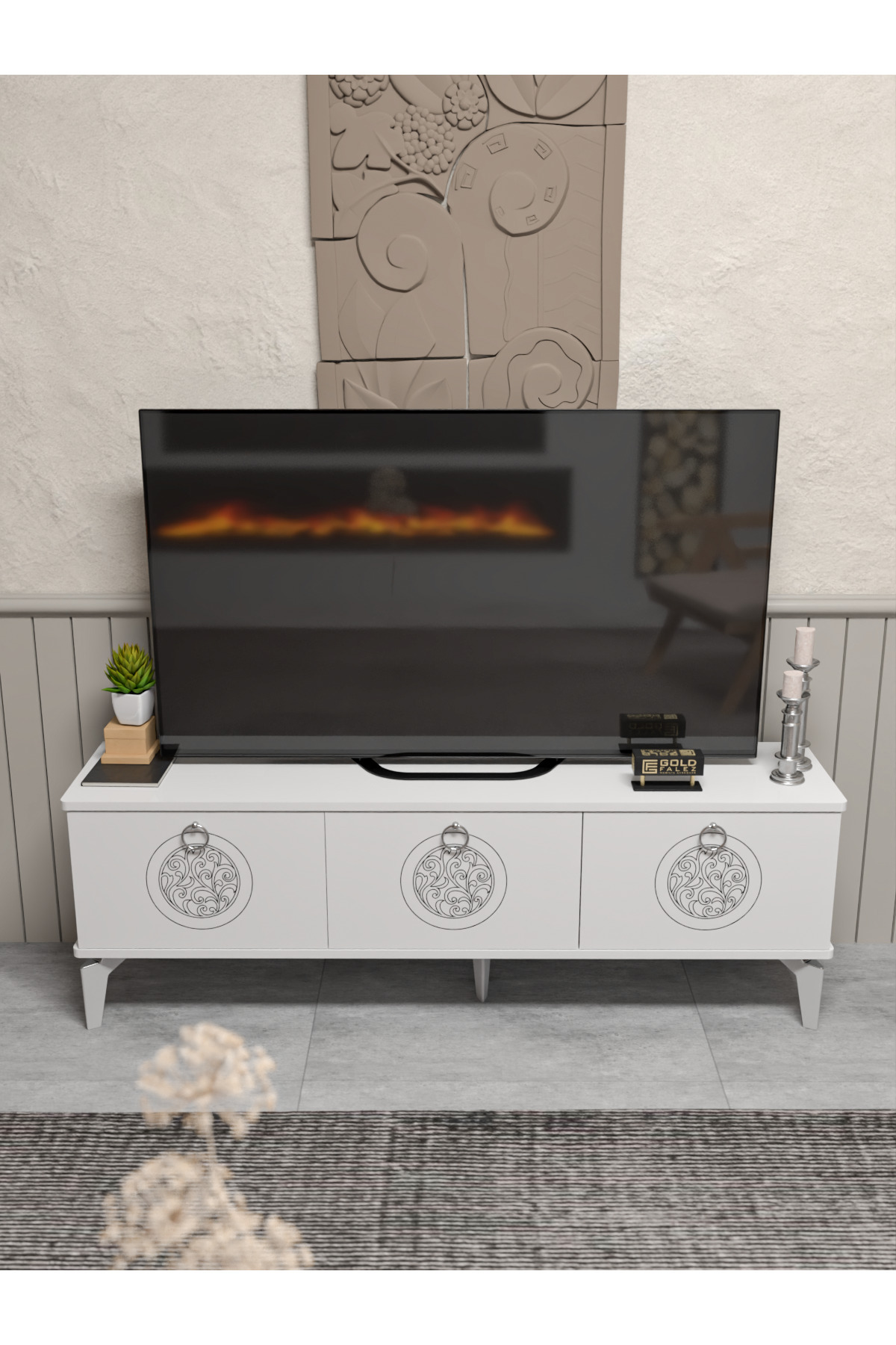 Tv Sehpası Tv Ünitesi Beyaz Gümüş 160 Cm Saraylı 5063