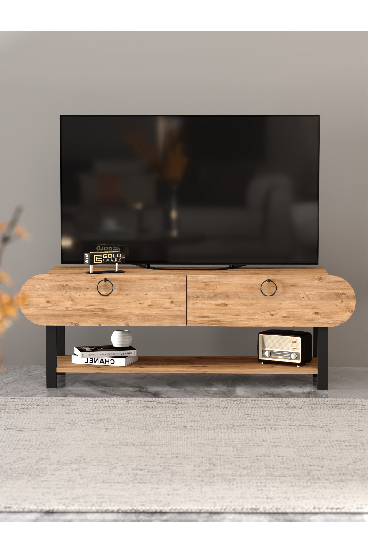 Tv Sehpası Tv Ünitesi Kapaklı Raflı Setro Atlantik Çam