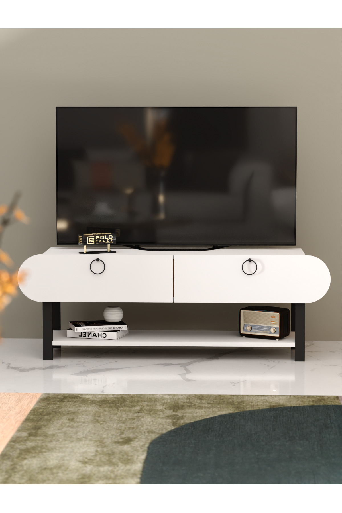 Tv Sehpası Tv Ünitesi Kapaklı Raflı Setro Beyaz