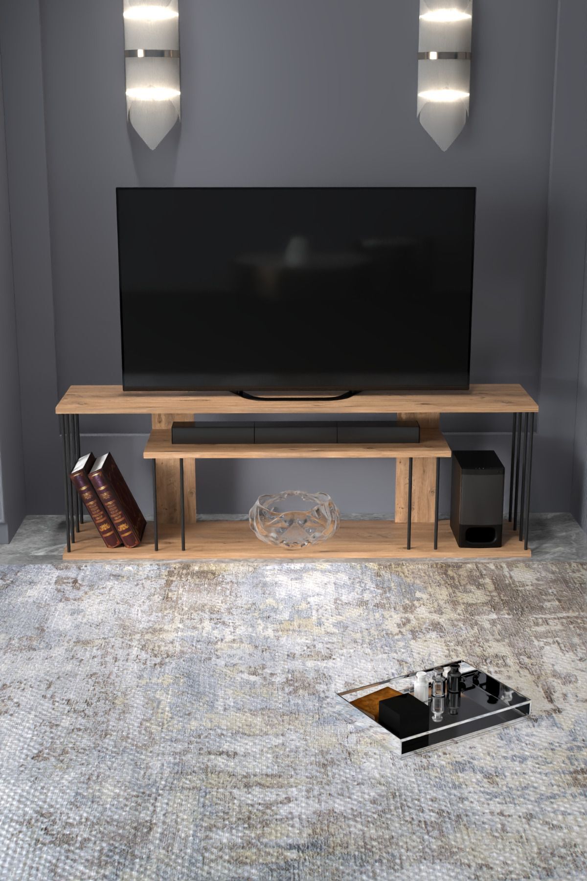 Tv Sehpası Tv Ünitesi Raflı 140 Cm Gzd Plus Atlantik Çam