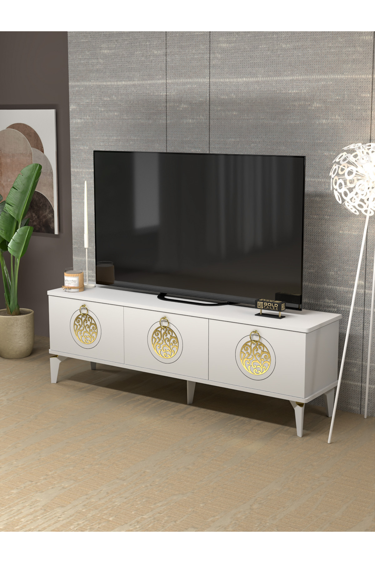 Tv Sehpası Tv Ünitesi Saraylı Beyaz Gold 5062