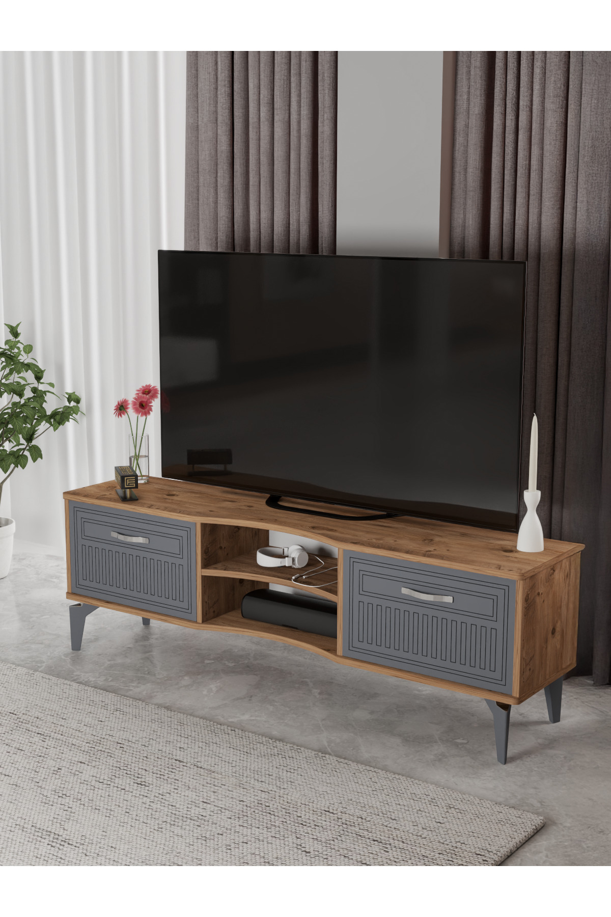 Tv Sehpası Tv Ünitesi Vera Atlantik Çam Antrasit Çizgili 5051