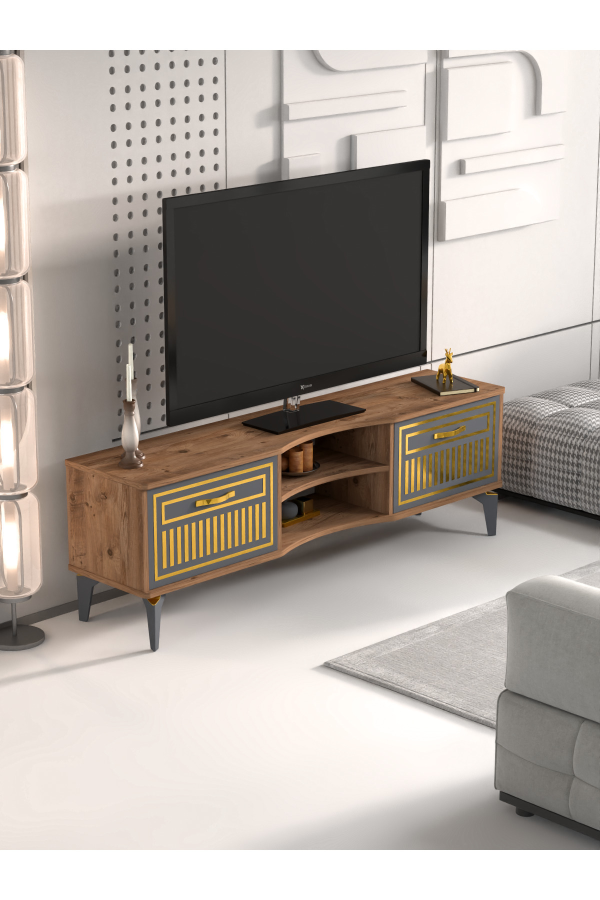Tv Sehpası Tv Ünitesi Vera Atlantik Çam Antrasit Gold Çizgili 5050