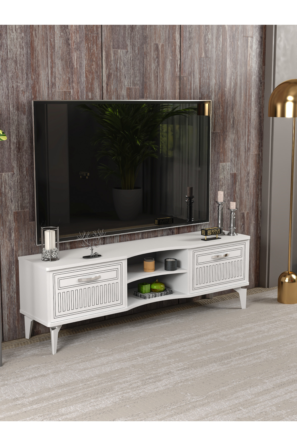 Tv Sehpası Tv Ünitesi Vera Beyaz Çizgili 5053