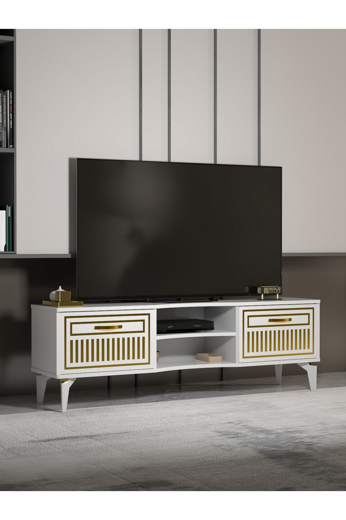 Tv Sehpası Tv Ünitesi Vera Beyaz Gold Çizgili 5052