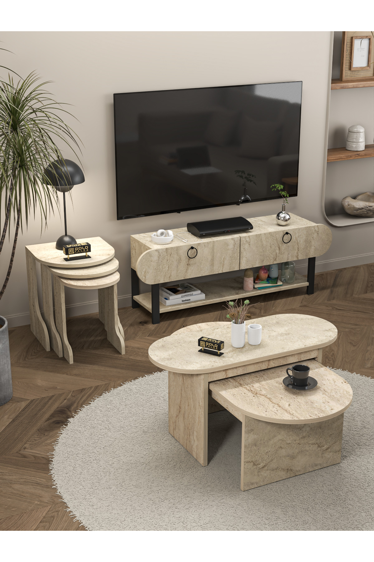 Tv Sehpası Ünitesi 2'Li Orta Sehpa 3'Lü Zigon Sehpa Set Üç Ürün Traverten