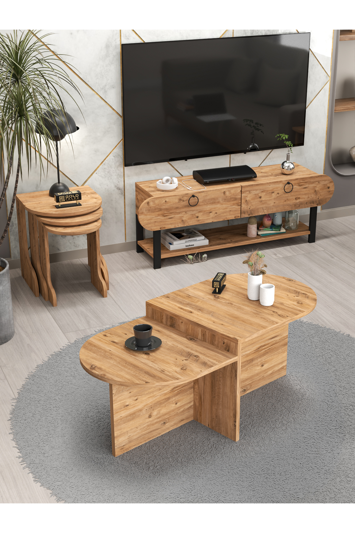 Tv Sehpası Ünitesi Tekli Orta Sehpa 3'Lü Zigon Sehpa Set Üç Ürün Atlantik Çam