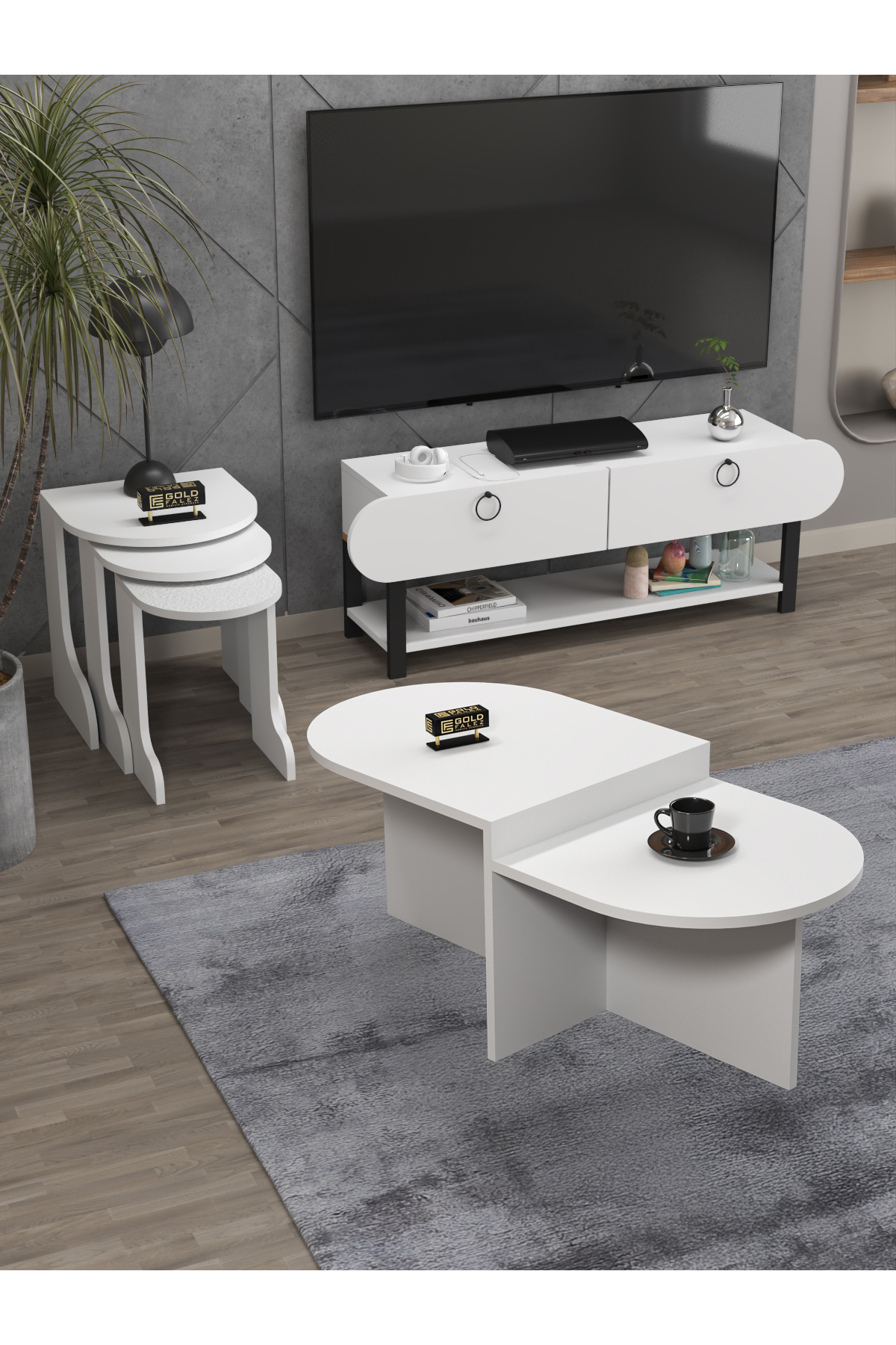 Tv Sehpası Ünitesi Tekli Orta Sehpa 3'Lü Zigon Sehpa Set Üç Ürün Beyaz